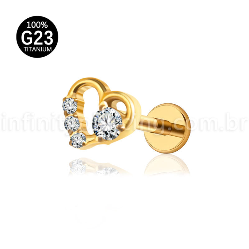 Piercing Labret Titânio Coração Com Zircônia Cravejada