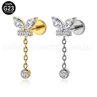 Piercing Labret Titânio Borboleta Com Pingente Zircônia Cravejada