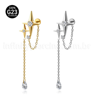 Piercing Labret Titânio Estrela 4 Pontas Com Corrente