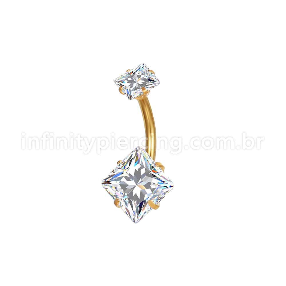 Piercing Aço Cirúrgico Banana 2 Pedras Zircônia Cravejada Quadrada