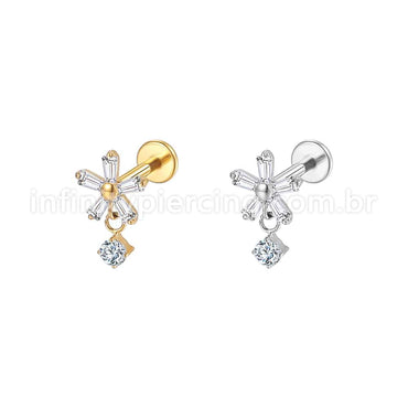 Piercing Labret Aço Cirúrgico Flor Com Pingente Zircônia Cravejada