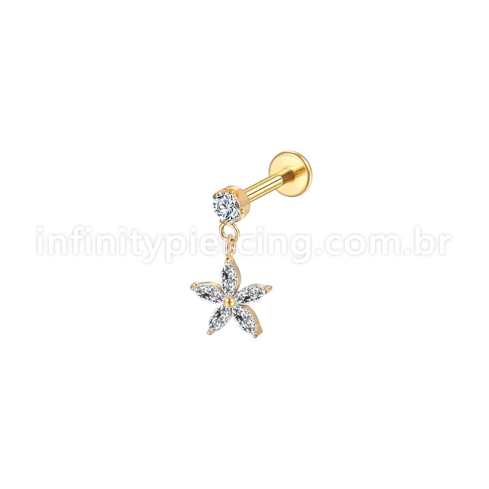 Piercing Labret Aço Cirúrgico Com Pingente Flor Zircônia Cravejada