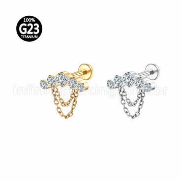 Piercing Labret Titânio Cluster Corrente 5 Zircônias
