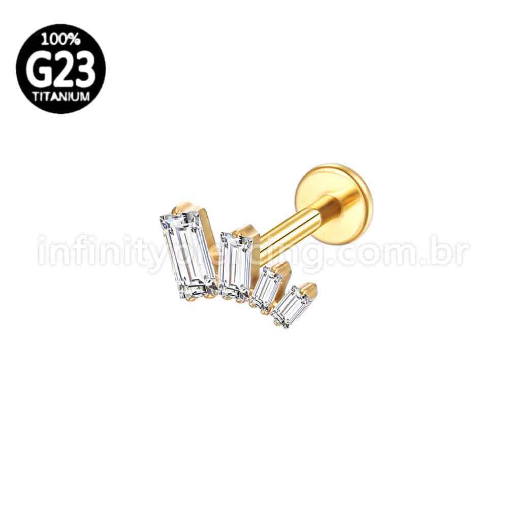 Piercing Labret Titânio Curvo 4 Pedras Zircônia Cravejada