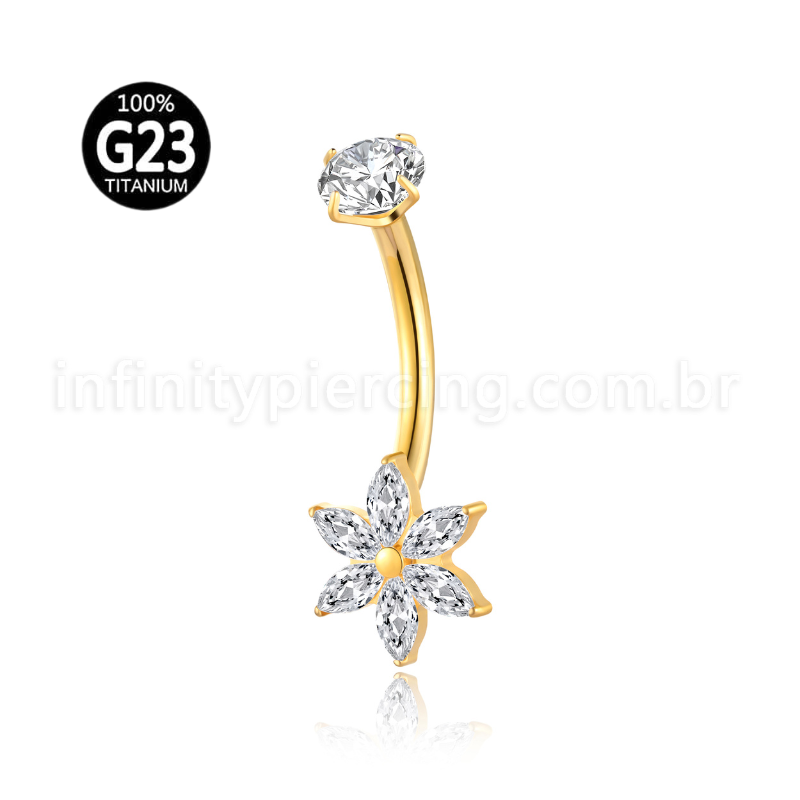 Piercing Banana Titânio Flor Zircônia Cravejada