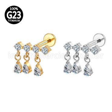 Piercing Labret Titânio Barra 4 Zircônias Com Pingente