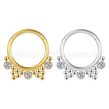 Piercing Argola Segmento Articulado Aço Cirúrgico 3 Pedras Zircônia