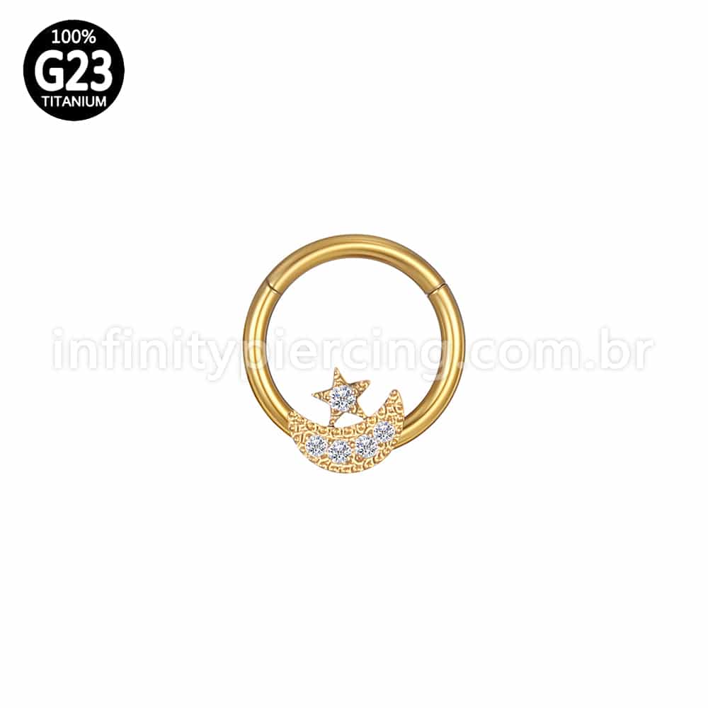 Piercing Argola Titânio Segmento Articulado Lua/Estrela Zircônia Cravejada