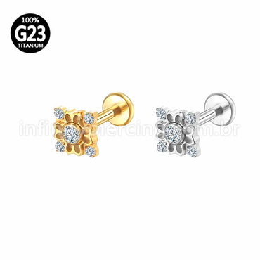 Piercing Labret Titânio Quadrada 5 Zircônias