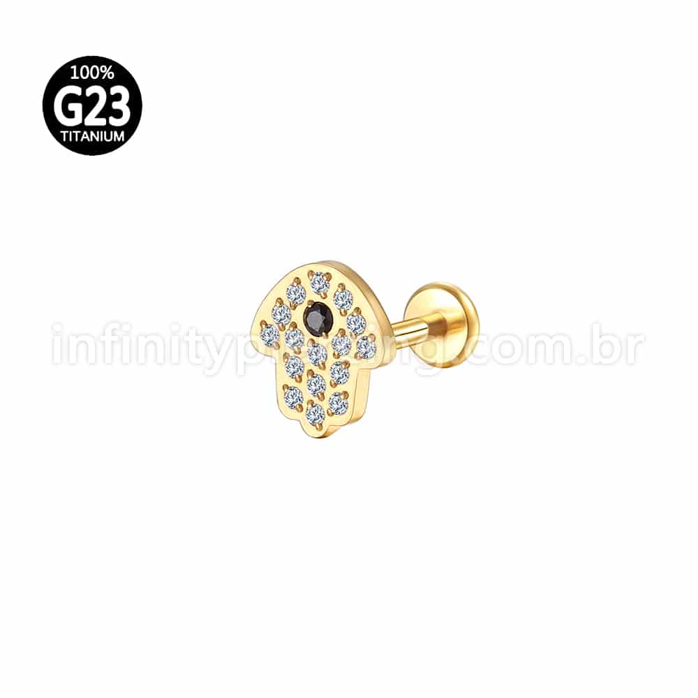 Piercing Labret Titânio Mão de Fátima Zircônia