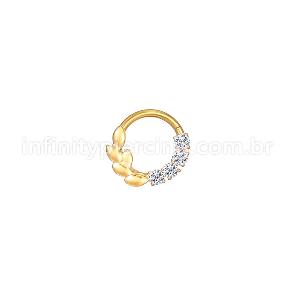 Piercing Argola Aço Cirúrgico Folhas/Zircônia Cravejada