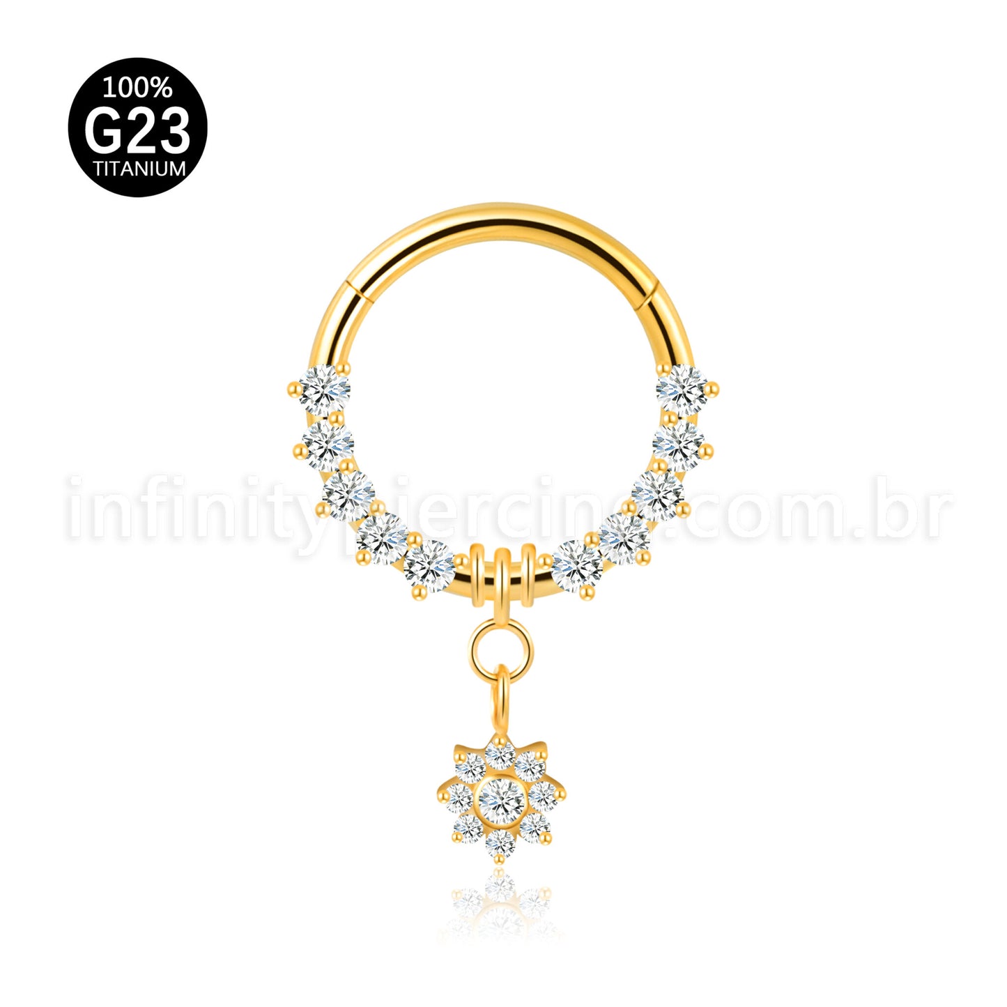 Piercing Argola Titânio Segmento Articulado Zircônia Frontal Com Pingente Flor