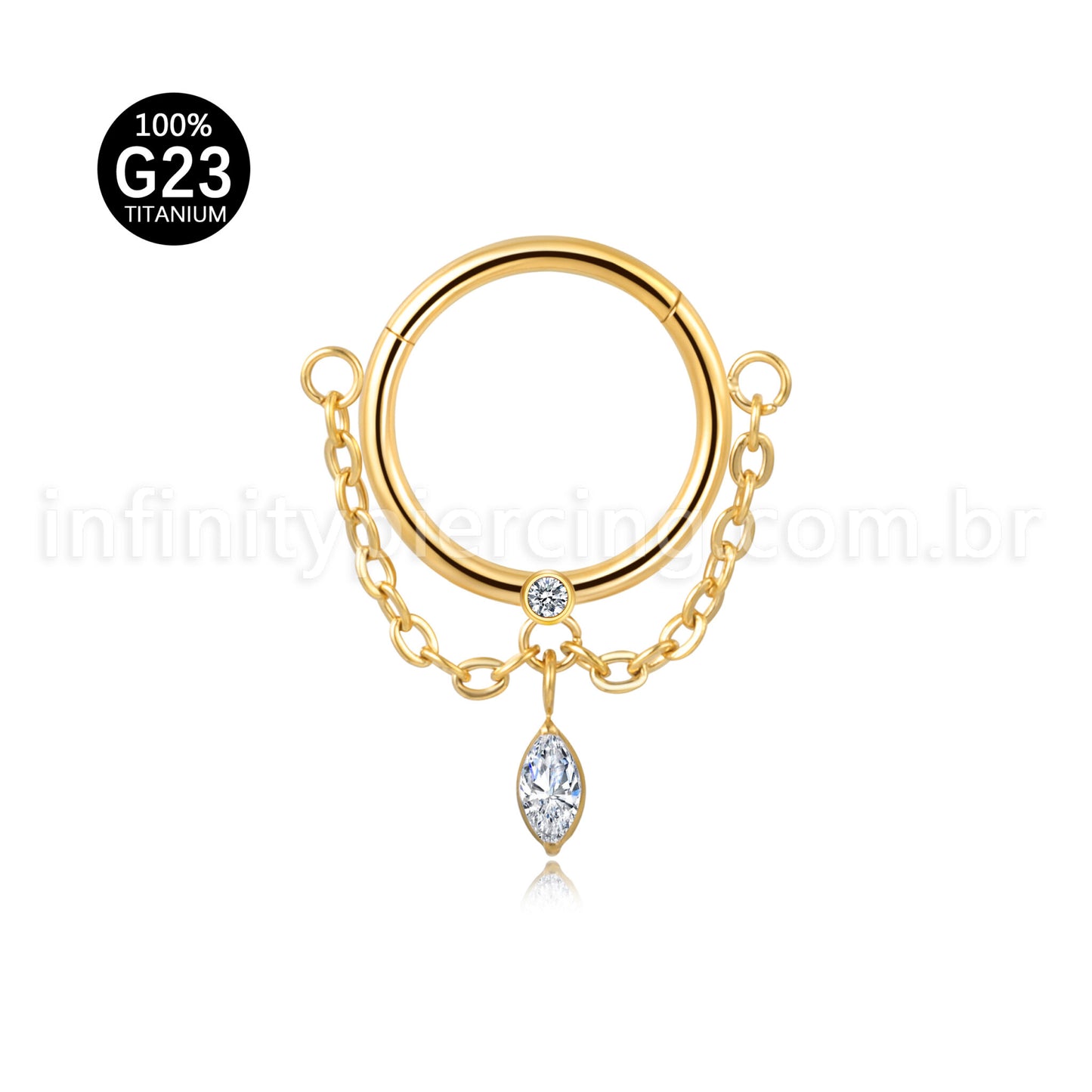 Piercing Argola Titânio Com Corrente Pingente Zircônia Cravejada