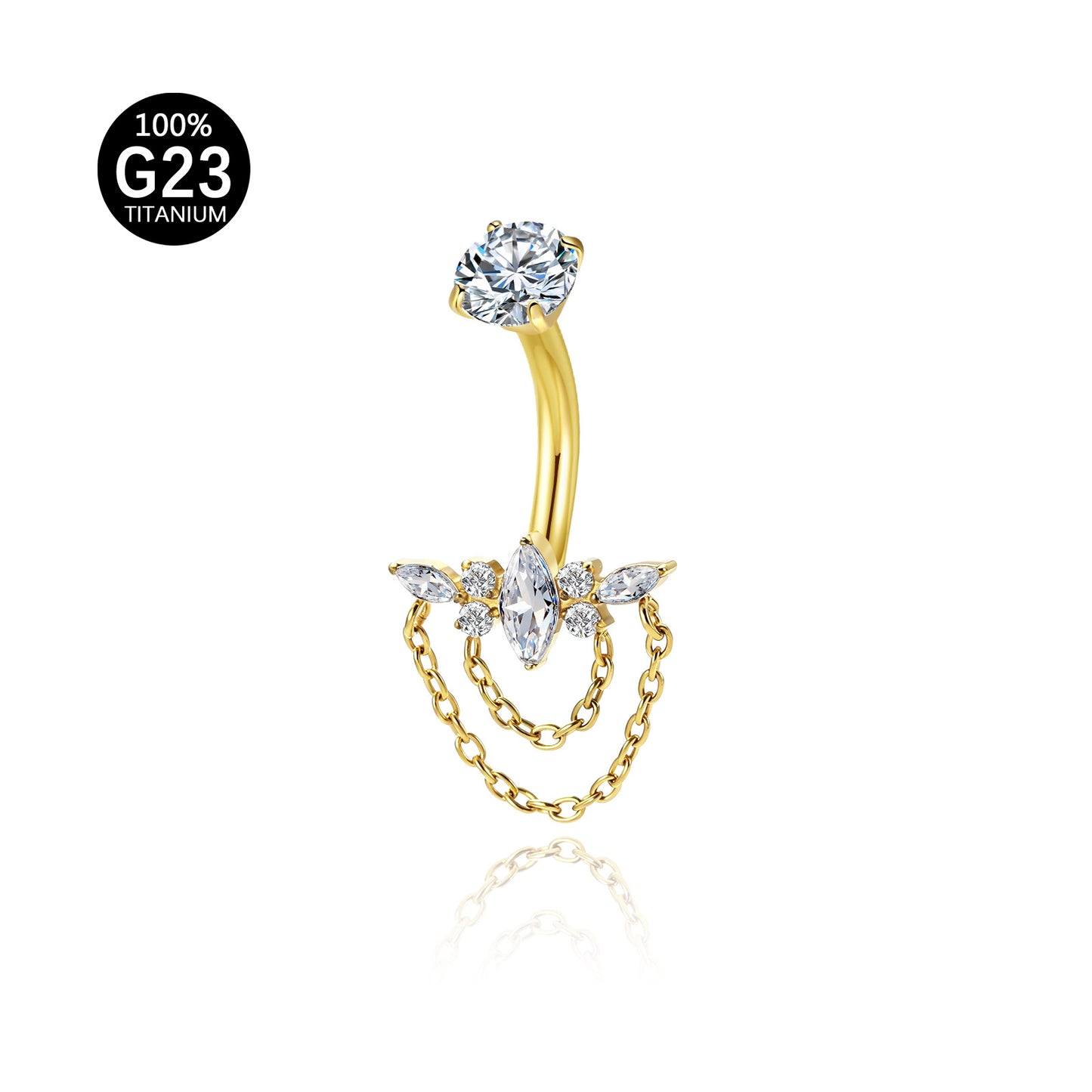 Piercing de Umbigo em Titânio G23 com Dupla Corrente Pendente e Zircônia de Alto Brilho – Design Elegante com Movimento Luxuoso