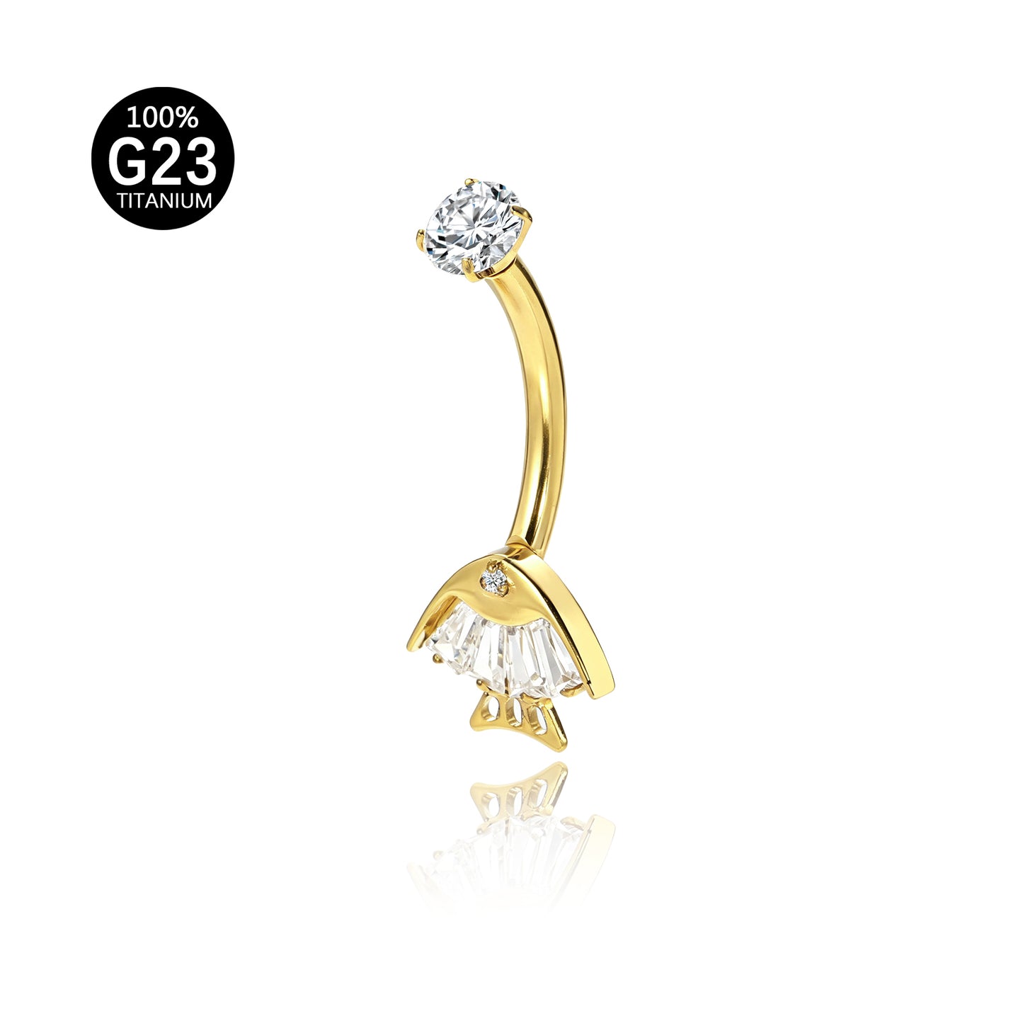 Piercing de Umbigo em Titânio G23 com Duplo Brilho de Zircônia e Detalhe Geométrico – Design Moderno e Elegante