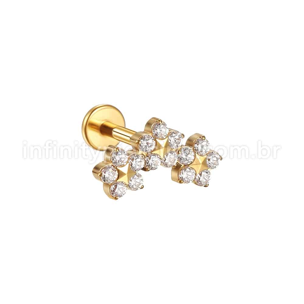 Piercing Labret Aço Cirúrgico Trio De Flores Zircônia Cravejada