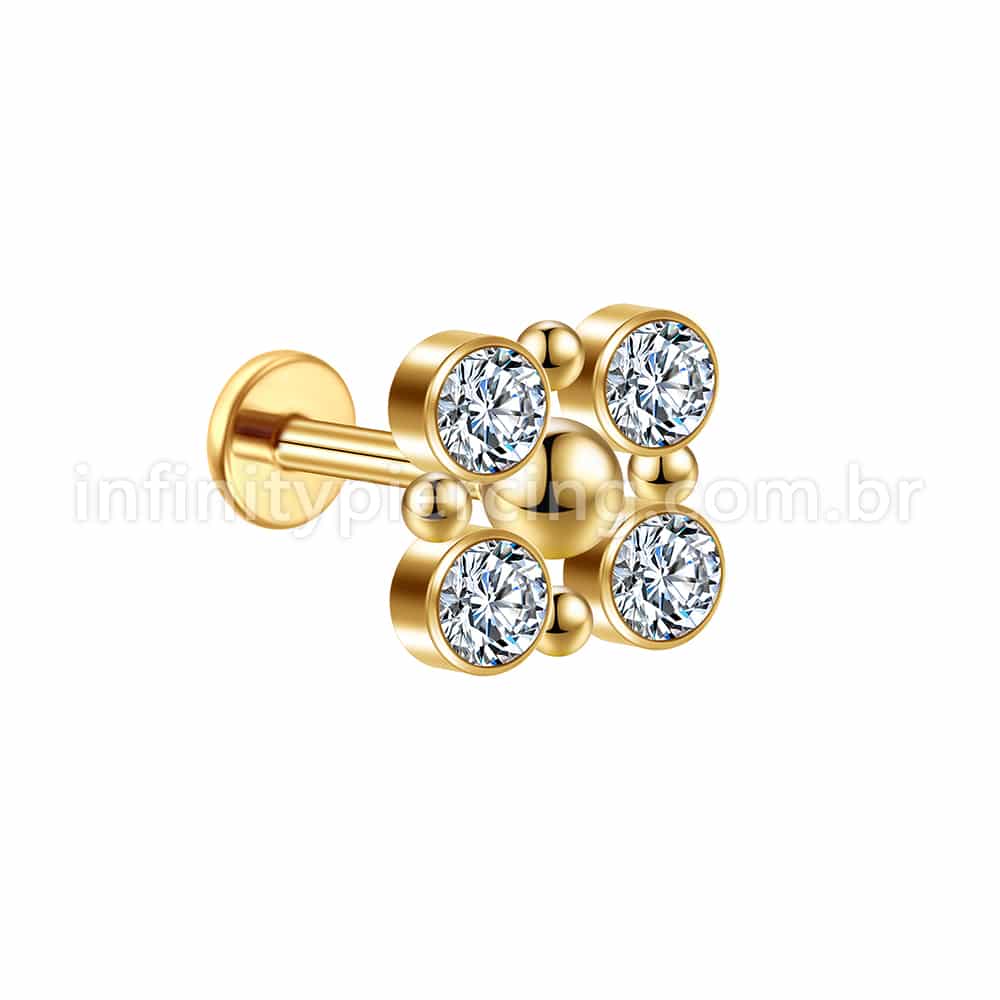 Piercing Labret Aço Cirúrgico 4 Pedras Zircônia Cravada