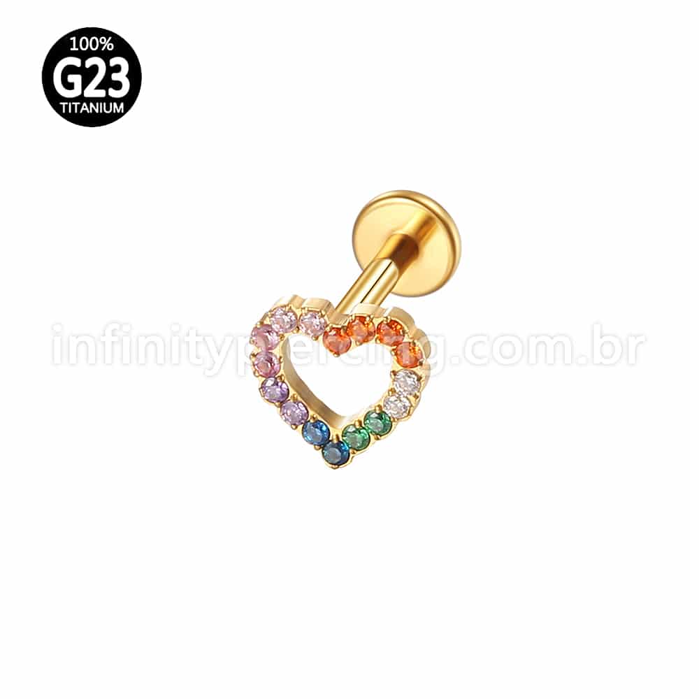 Piercing Labret Titânio Coração Vazado Zircônia Coloridas