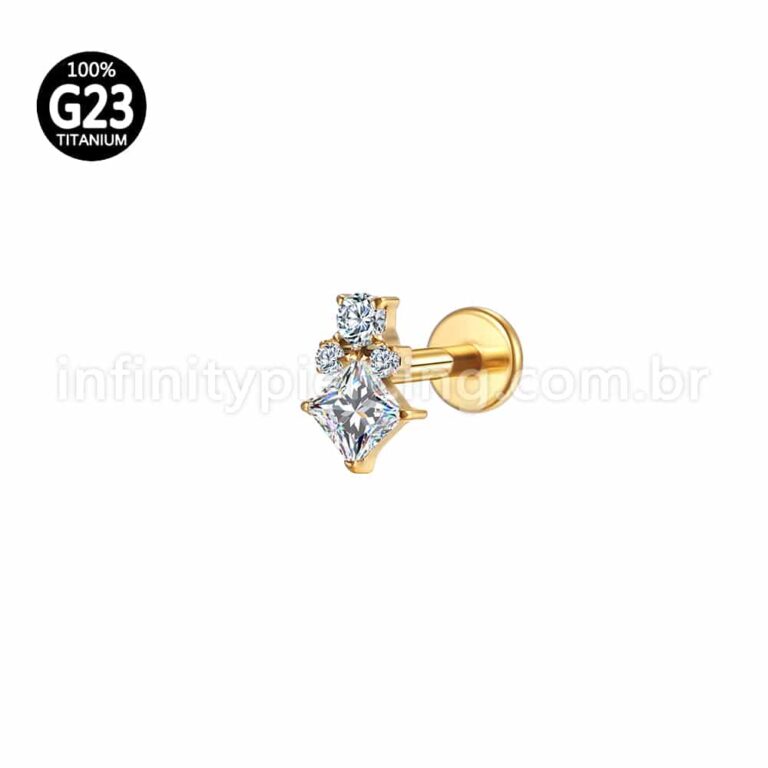 Piercing Labret Titânio Quadrado/Bolinhas Zircônia Cravejada