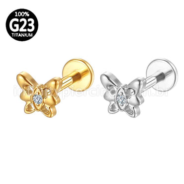 Piercing Labret Titânio Borboleta Com 1 Zircônia Cravejada