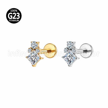 Piercing Labret Titânio Quadrado/Bolinhas Zircônia Cravejada