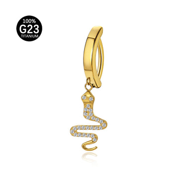 Piercing Umbigo Luxuoso em Titânio G23 Dourado com Pingente de Cobra e Zircônias