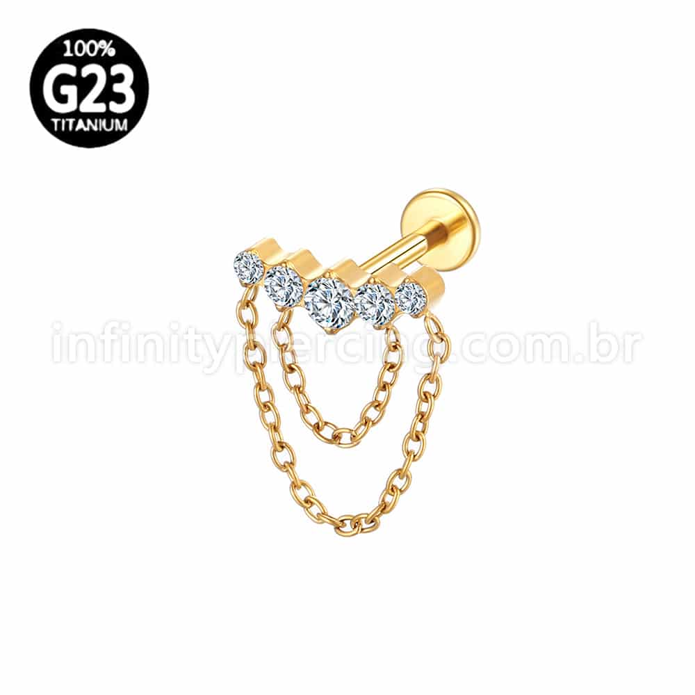 Piercing Labret Titânio Curvo Zircônia Cravejada Com Correntes