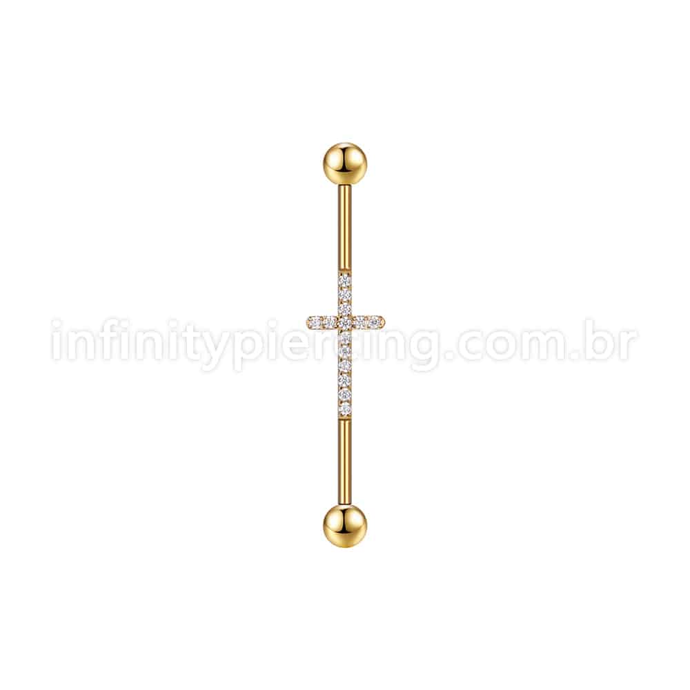 Piercing Transversal Aço Cirúrgico Cruz Zircônia Cravejada