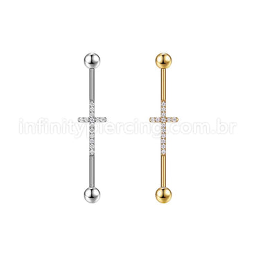Piercing Transversal Aço Cirúrgico Cruz Zircônia Cravejada
