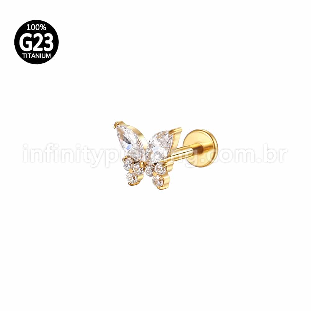 Piercing Labret Titânio Borboleta Zircônia Cravejada