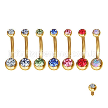 Piercing Banana Aço Cirúrgico 2 Pedras Strass Redonda Rosca Interna