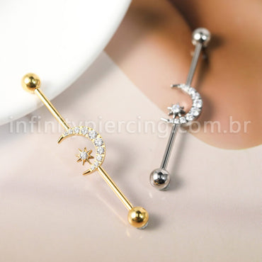 Piercing Transversal Titânio Lua/Estrela Zircônia Cravejada