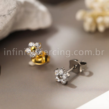 Brinco Titânio Flor Zircônia Cravejada