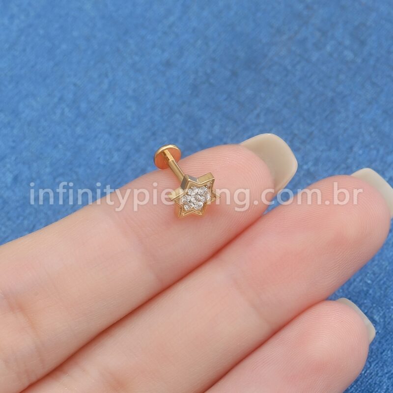 Piercing Labret Aço Cirúrgico Estrela Zircônia Cravejada