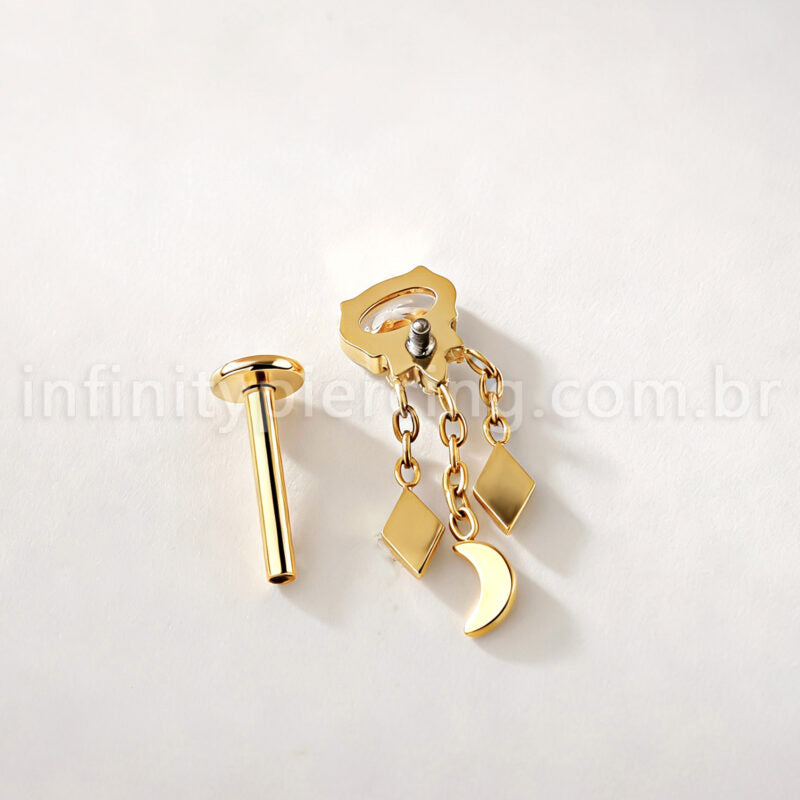 Piercing Labret Titânio Zircônia Oval Com Correntes