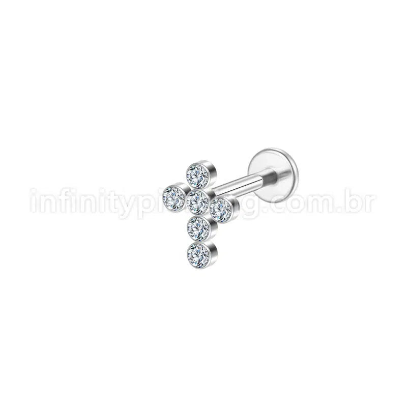 Piercing Labret Aço Cirúrgico Cruz Zircônia Cravada