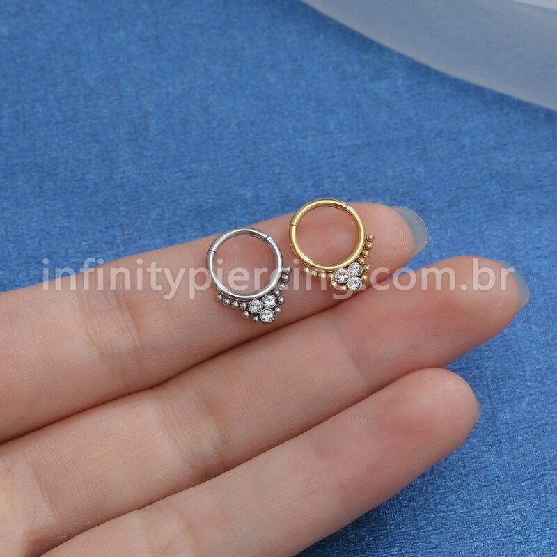 Piercing Argola Aço Cirúrgico Segmento Articulado 3 Pedras Zircônia