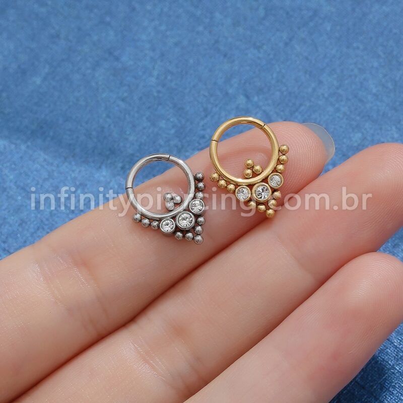 Piercing Argola Aço Cirúrgico Segmento Articulado 3 Pedras Zircônia