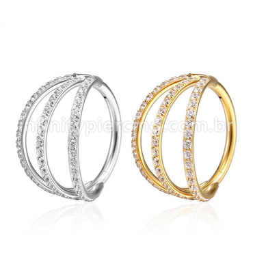 Piercing Argola Segmento Articulado Aço Cirurgico Zircôrnia 3 Fileiras Vazadas