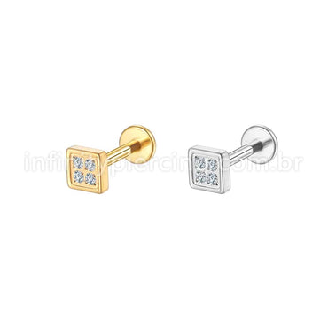 Piercing Labret Aço Cirúrgico Quadrado 4 Zircônias