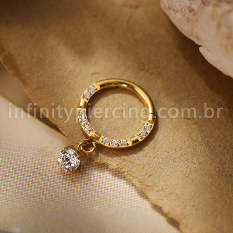 Piercing Argola Titânio Segmento Articulado Zircônia Cravejada Frontal Com Pingente
