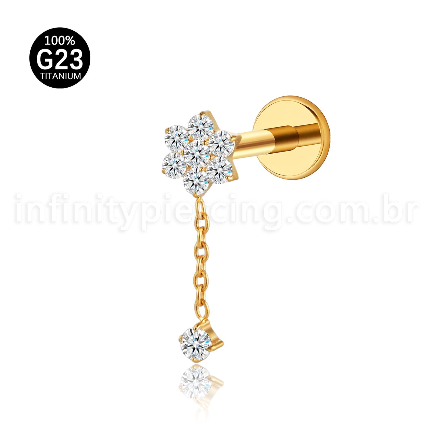 Piercing Labret Flor Titânio Corrente Zircônia