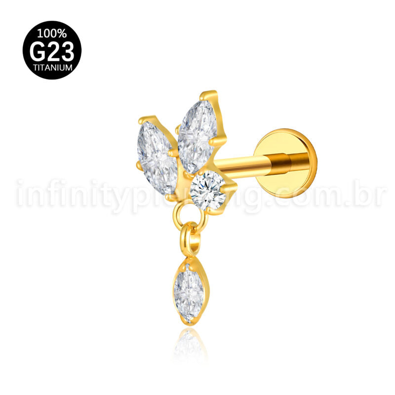 Piercing Labret Titânio 3 Pedras Zircónia Cravejada Com Pingente