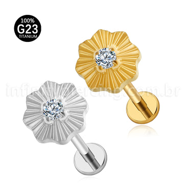Piercing Labret Titânio Flor Detalhada Com Zircônia Cravejada
