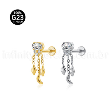Piercing Labret Titânio Zircônia Oval Com Correntes