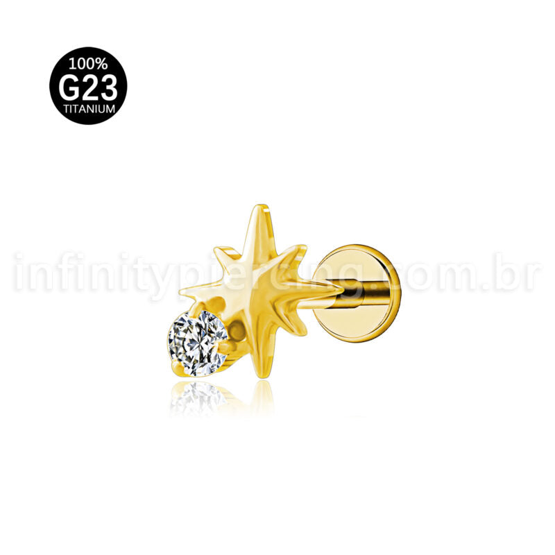 Piercing Labret Titânio Estrela Detalhe Zircônia Cravejada