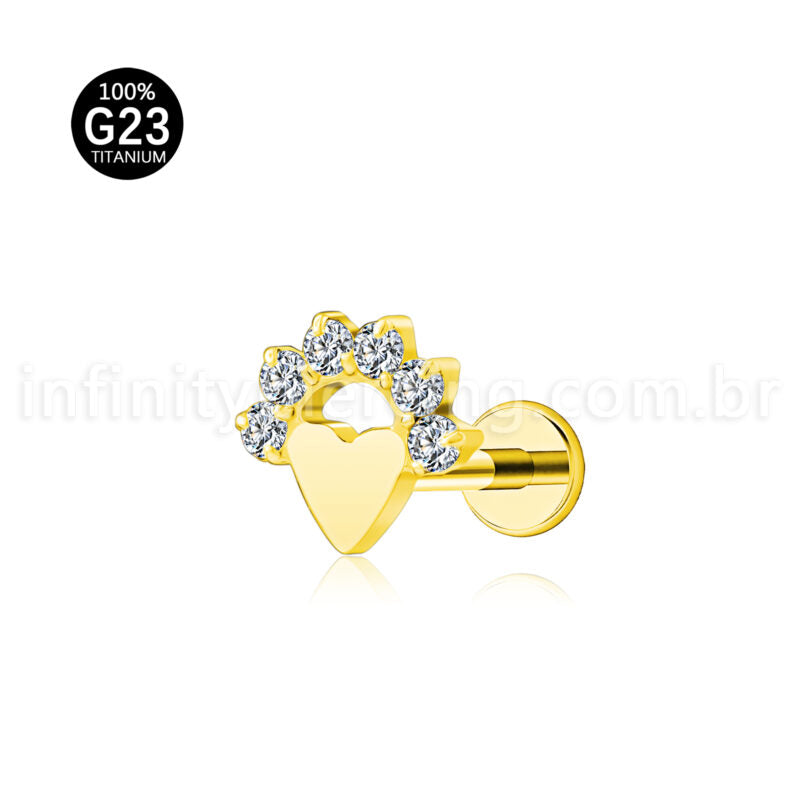 Piercing Labret Titânio Coração Com Zircônia Cravejada