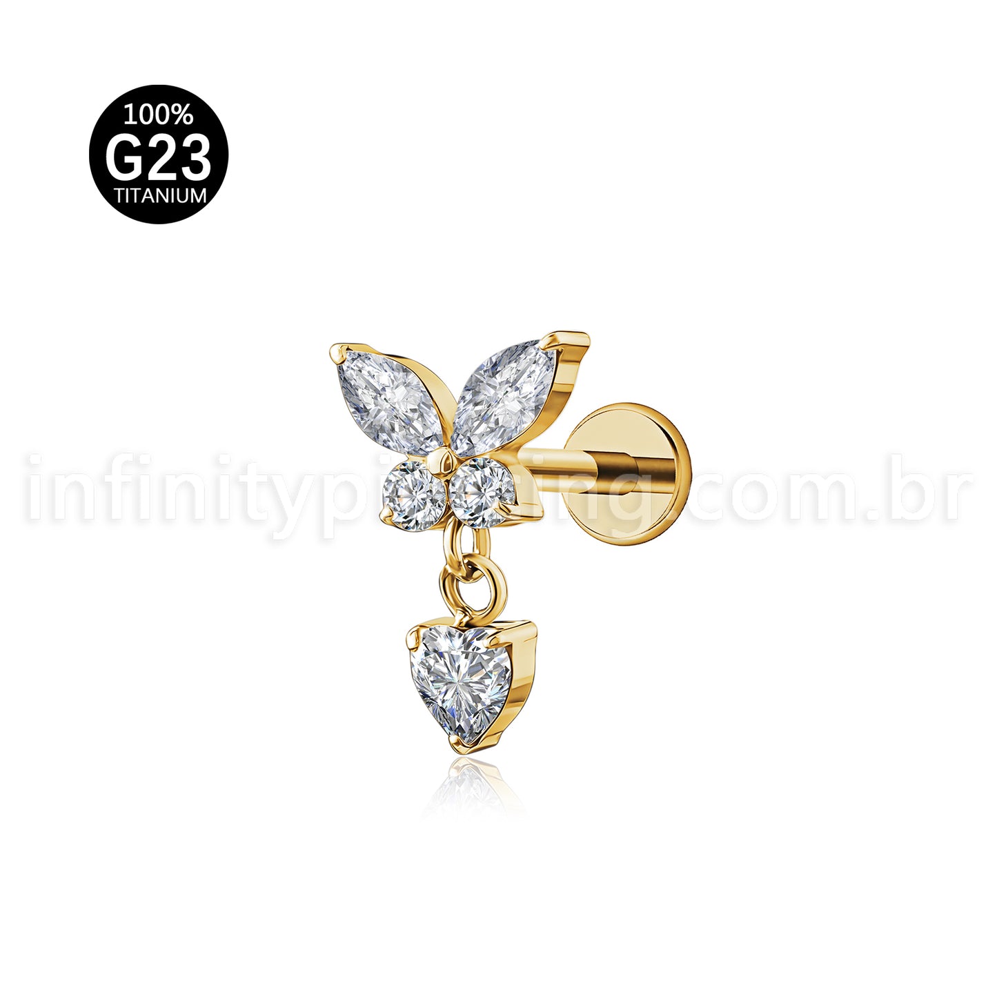 Piercing Labret Titânio Borboleta Com Pingente Coração