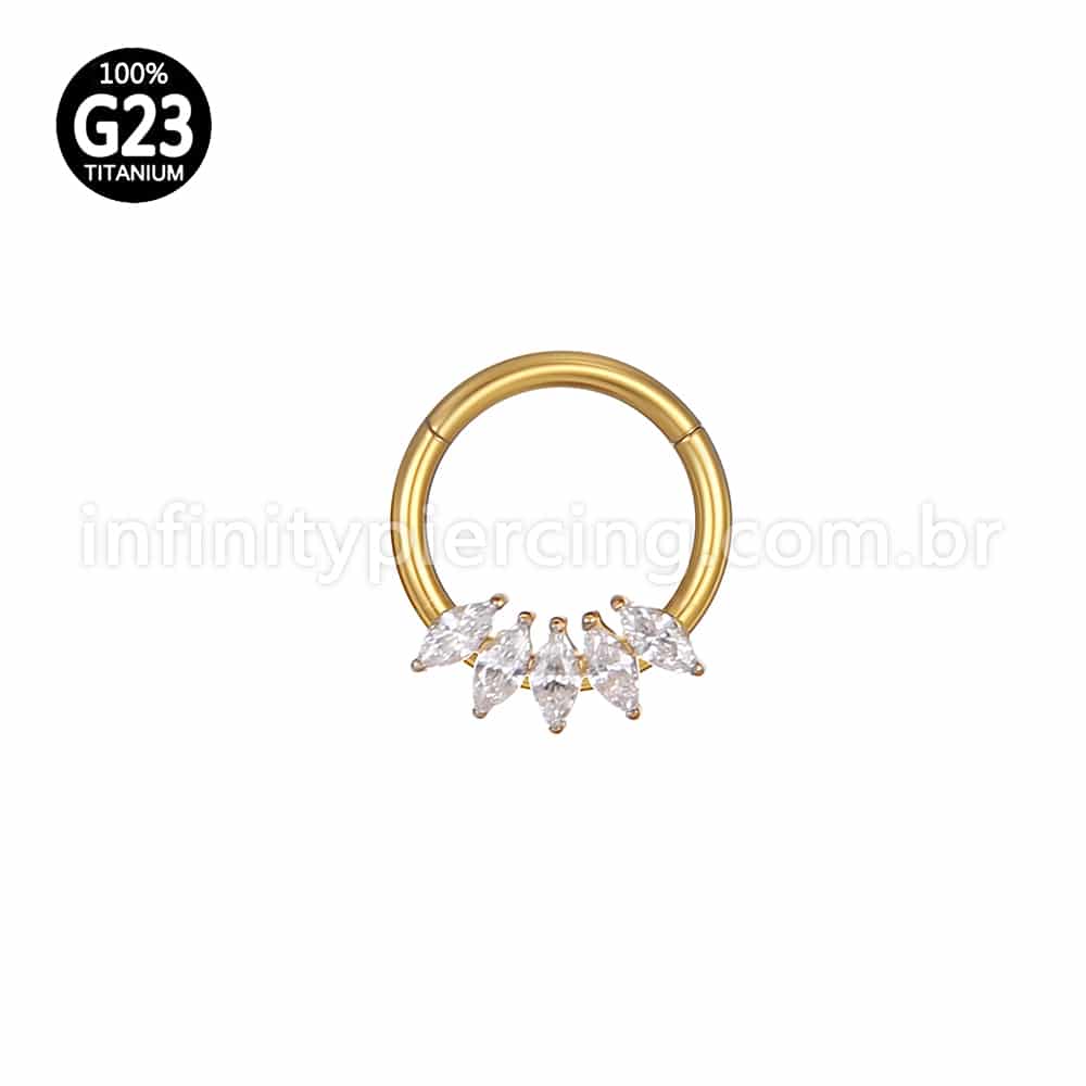 Piercing Argola Titânio Segmento Articulado 5 Pedras Zircônia Oval