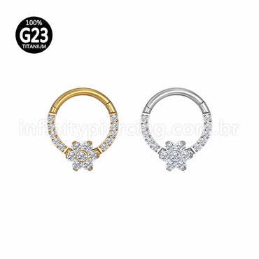 Piercing Argola Titânio Segmento Articulado Flor Zircônia Cravejada